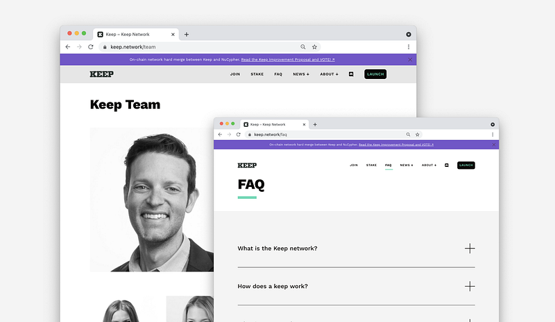 Screenshots of the Team page and the FAQ page