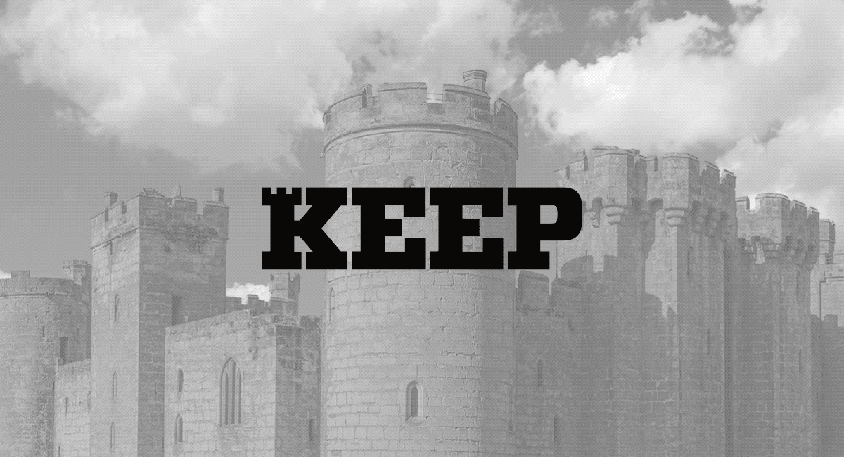 Castle with the KEEP logo on top with clouds moving in the background